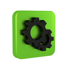 Black Gear icon isolated on transparent background. Cogwheel gear settings sign. Cog symbol. Green square button.