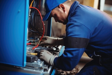 Fototapeta na wymiar Repair work. Electrician service man repairing the kitchen stove or oven