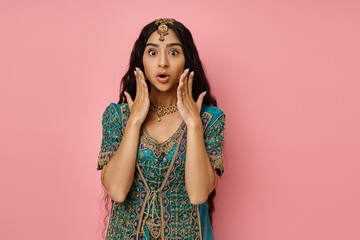 shocked young indian woman in traditional costume posing with hands near face with open mouth