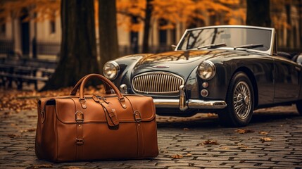 minimalist suitcase positioned in an artfully designed luxury car, symbolizing the harmony between automotive and travel aesthetics