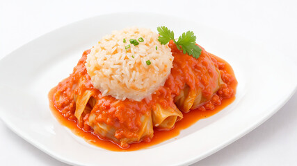 Stuffed cabbage with rice on a white table on white background.