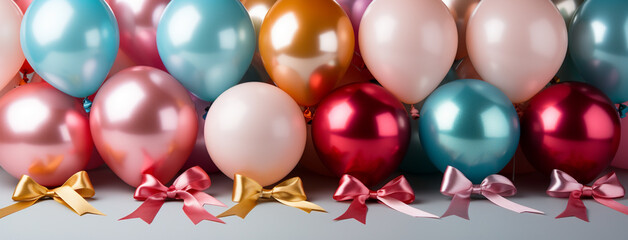 Wide happy birthday background, birthday celebration banner backdrop with different colorful bows and gift boxes in dark environment 