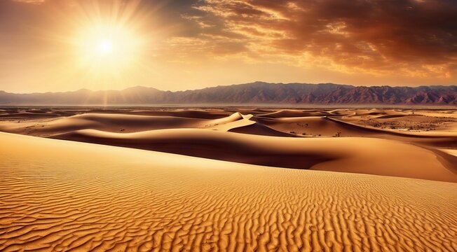 sunset in the desert, panoramic desert scene, sand in the desert, landscape in the desert