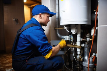 Professional plumber checking a water heater boiler and pipes, boiler installing, service and maintenance concept. - obrazy, fototapety, plakaty
