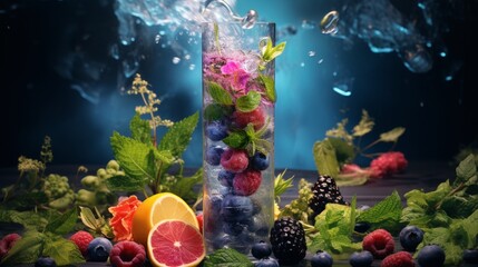 A blend of fresh herbs and fruits swirling in a glass, a mesmerizing dance of flavors and colors...