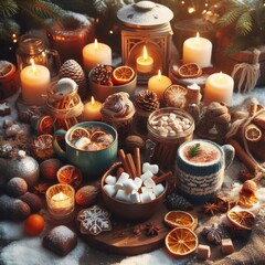 Obraz na płótnie Canvas christmas still life with candles coffee and decoration