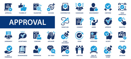 Approval flat icons set. Check mark, certified, validation, agreement, thumps up, settings, shield icons and more signs. Flat icon collection. - obrazy, fototapety, plakaty