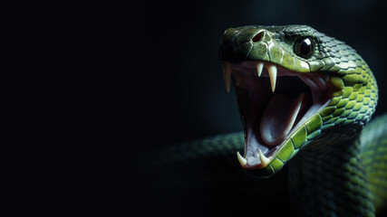Green snake with open mouth ready to attack isolated on gray background
