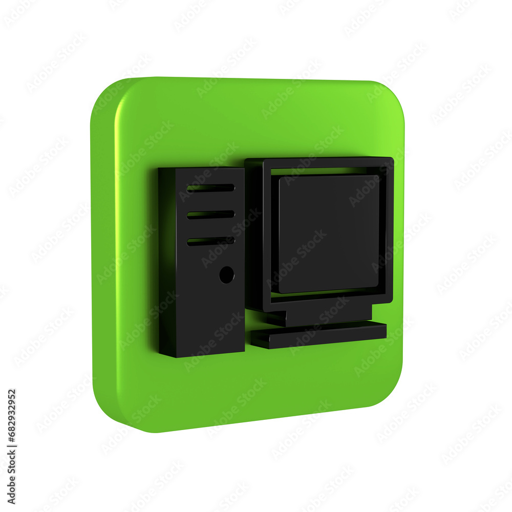 Poster black computer monitor icon isolated on transparent background. pc component sign. green square butt