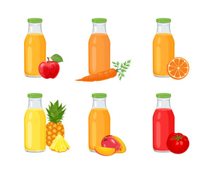 Fruit and vegetable juices in glass bottles set. Vector cartoon illustration of orange, tomato, carrot, apple, mango and pineapple drink.