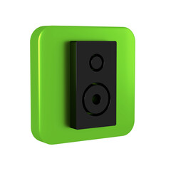 Black Stereo speaker icon isolated on transparent background. Sound system speakers. Music icon. Musical column speaker bass equipment. Green square button.