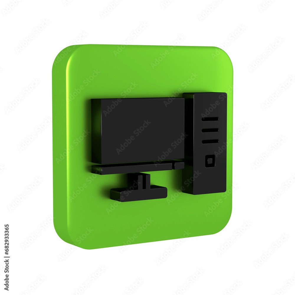 Poster black computer monitor icon isolated on transparent background. pc component sign. green square butt