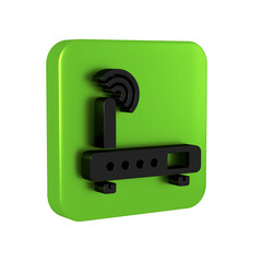 Black Router and wi-fi signal icon isolated on transparent background. Wireless ethernet modem router. Computer technology internet. Green square button.