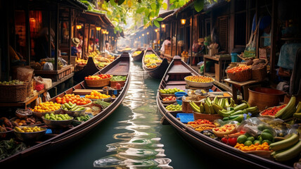 Thailand's Water Tapestry: Exploring the Vibrant Boat Market, a Cultural Waterscape Adventure. - obrazy, fototapety, plakaty