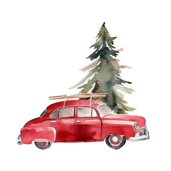 Watercolor a Christmas tree lies on the roof of a red car on white background. AI generate