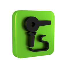 Black Hair dryer icon isolated on transparent background. Hairdryer sign. Hair drying symbol. Blowing hot air. Green square button.