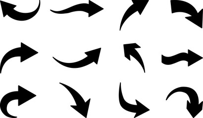 Set of Curved Black Arrows. Different Arrow Icons with Bends in Different Directions. Cursor. Collection of Vector Arrows.