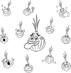 Set of Funny Onions for Coloring. Vector Illustration of Cute Characters with Different Emotions.