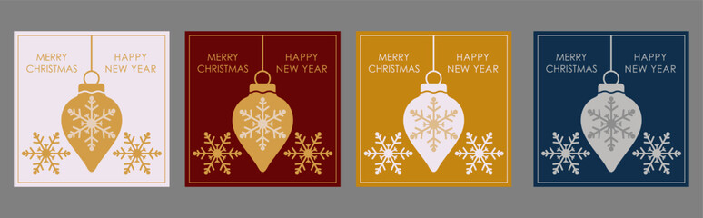 Fototapeta na wymiar Christmas and New Year. A set of colorful postcards with a Christmas toy and snowflakes. Creative template for greetings, invitations, flyers and creative ideas in a minimalist style