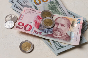 Lari, 20 GEL, Georgian monetary currency, with dollars, banknotes, top view, no people, on the table,