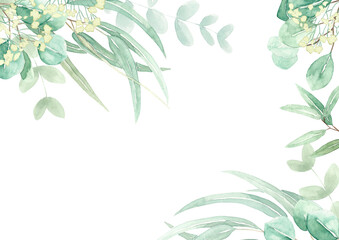 Watercolor floral illustration with green eucalyptus branches and leaves. For wedding stationery, invitations, cards, background.