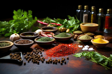 Spices and herbs on black board for cooking with copy space.