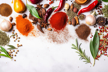 Spices and herbs on white marble background with copy space.