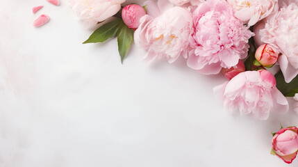 pink peonies flowers  on a pink background,  Valentine's Day banner, love, copy space