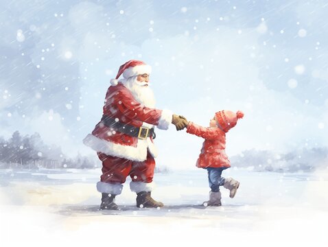 Beautiful watercolor drawing of Santa Claus and child dancing or greeting in the snow, outdoors, snowy white december landscape with trees, snowing, nice image of joy, happiness, faith and friendship