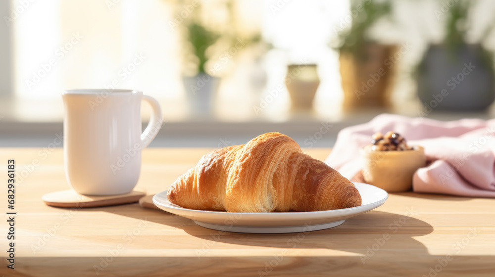 Poster freshly baked croissant is presented on a plate next to a white coffee mug and a small bowl of nuts,