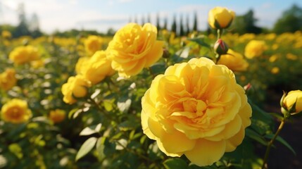 Blooming Yellow Tea Rose in a Sunlit Meadow. A beautiful representation of spring agriculture with bright blossoms and grassy leaves