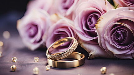 Wedding gold rings and rose  flowers, wedding  celebration