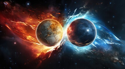 Two Planets Colliding in Explosive Sky. Abstract Motion Design with Bursting Energy, Starry Space, and Blue Sun Glow