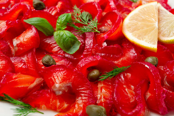 Salmon gravlax with beetroot, Scandinavian snack, beet gravlax, lightly salted fish, homemade, no people,