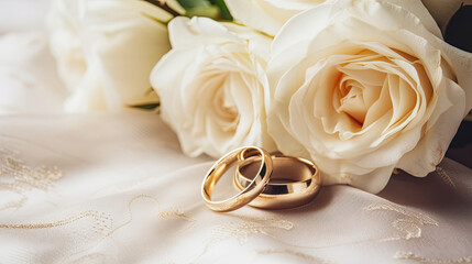 Wedding gold rings and rose  flowers, wedding  celebration - obrazy, fototapety, plakaty