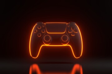 Gamepad with bright glowing futuristic orange neon lights on black background. Joystick for video game. Game controller. 3D render illustration © Andrii