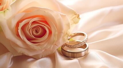 Wedding gold rings and rose  flowers, wedding  celebration