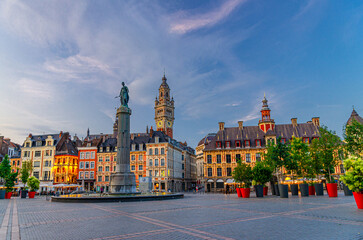 La Grand Place square in Lille city center, historical monument Flemish mannerist style buildings,...