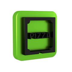 Black Pizza in cardboard box icon isolated on transparent background. Box with layout elements. Green square button.