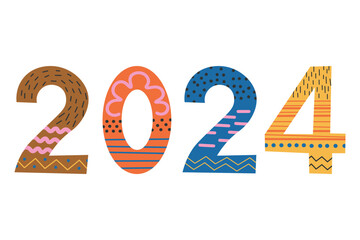 2024 new year hand drawn number vector illustration. Happy New Year 2024 modern art lettering for banner, template, card, poster, congratulation. Festive design element for print, paper, decoration