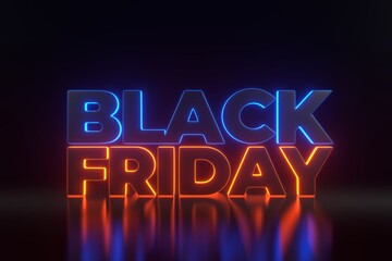 Black Friday text with bright glowing futuristic blue and orange neon lights on a black background. Black Friday Super Sale concept. 3D render illustration