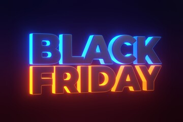 Obraz premium Black Friday text with bright glowing futuristic blue and orange neon lights on a black background. Black Friday Super Sale concept. 3D render illustration