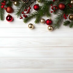 Fototapeta na wymiar Christmas background with fir branches and baubles on white wooden background (Image generated using artificial intelligence)