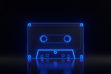 Obraz premium Vintage audio tape cassette with bright glowing futuristic blue neon lights on a black background. 3D render illustration