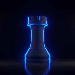 Chess Rook with bright glowing futuristic blue neon lights on a black background. Chess game figurine. leader success business concept. 3D render illustration © Andrii