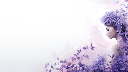 Bright beautiful young woman on white background, surrounded by purple flowers. Soft, white, smooth, bright skin. For art texture, presentation design or web design and web background. Generative AI.