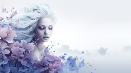 Naklejka premium Bright beautiful young woman on white background, surrounded by purple flowers. Soft, white, smooth, bright skin. For art texture, presentation design or web design and web background. Generative AI.