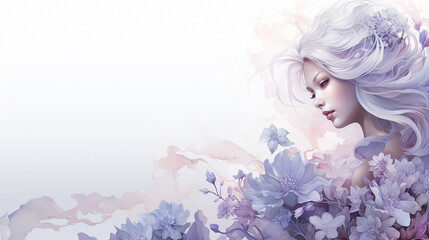Bright beautiful young woman on white background, surrounded by purple flowers. Soft, white, smooth, bright skin. For art texture, presentation design or web design and web background. Generative AI.