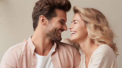Fototapeta premium Bright happy couple smiling, For art texture, presentation design or web design and web background. Generative AI.