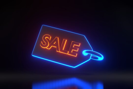 Price tag, label, discount coupon with inscription sale with bright glowing futuristic blue and orange neon lights on black background. 3D render illustration